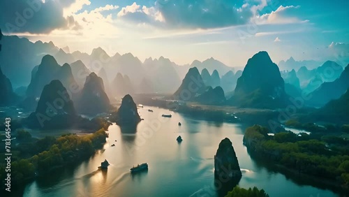 Landscape of Guilin, Li River and Karst mountains. Located near Yangshuo County, beautiful mountain range with a river running through it. water is calm and clear, trees are lush and green photo