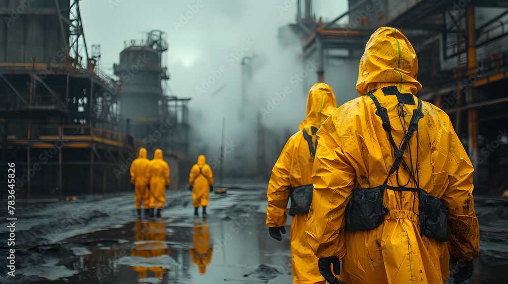 Industrial workers in yellow hazmat suits walking in a factory setting ...