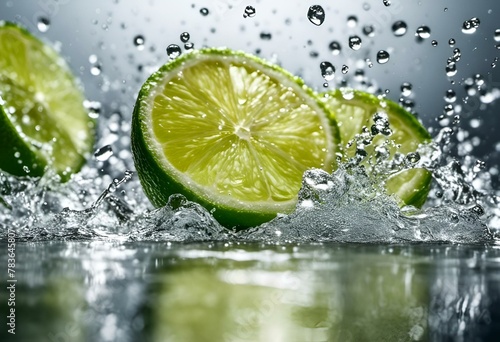 AI illustration of Slices of lime floating in the air being splashed by water over an ice table.
