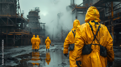 Industrial workers in yellow hazmat suits walking in a factory setting. Chemical industry and hazardous materials handling concept for poster, safety communication with copy space
