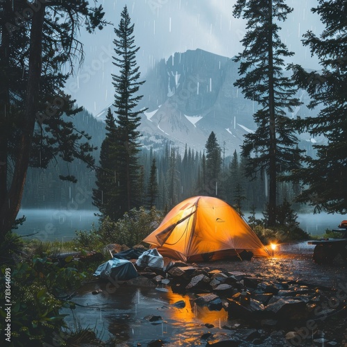 Soothing rain on tent, campsite lights, wilderness night © Wavezaa