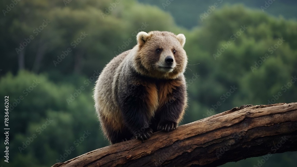 AI illustration of a brown bear sitting on log in twilight forest setting