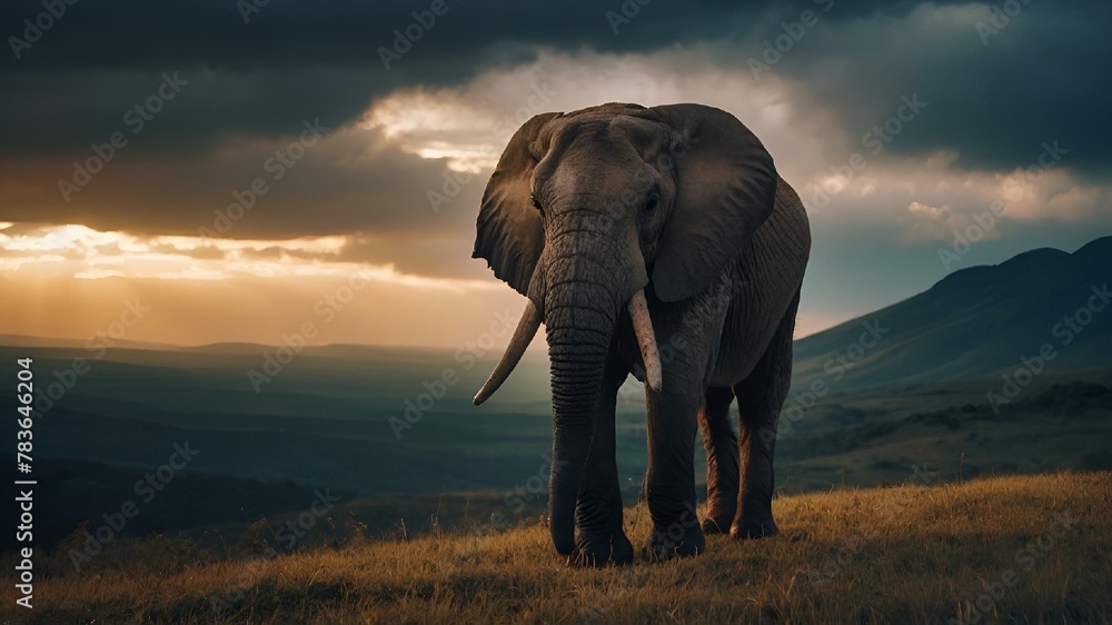 AI illustration of an elephant standing in grass on hill at sunset