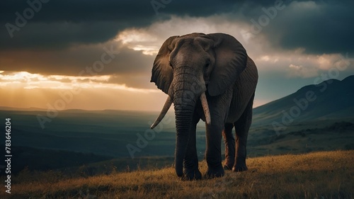 AI illustration of an elephant standing in grass on hill at sunset