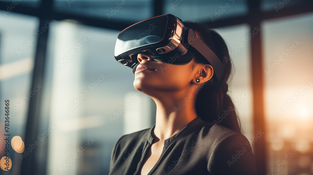 A woman in futuristic attire wearing VR glasses, immersed in realistic virtual reality experience. Woman wearing smart glasses futuristic technology digital. Futuristic technology concept	 - obrazy, fototapety, plakaty 