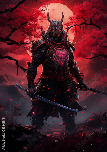 AI generated illustration of a dark knight in front of eerie forest with red smoke © Wirestock