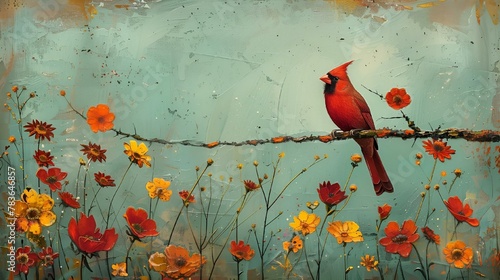 a red bird sits on a branch and has flowers growing up behind it