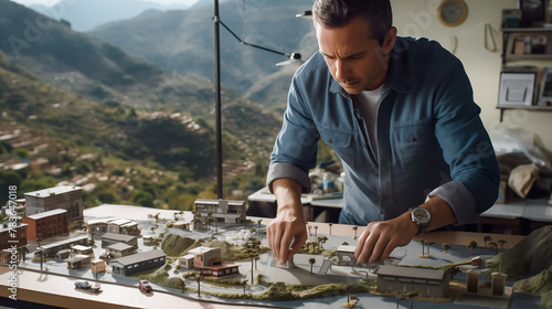 A architect man making the model for landscape green energy concepts, solutions, solar cells, wind turbines