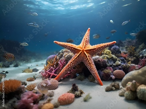 starfish on reef, with fish below and above them