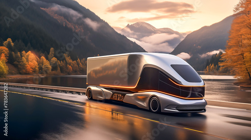 Autonomous semi-truck with a trailer, controlled by artificial intelligence, drives over a bridge over the river. Cargo delivery, transportation of the future. Artificial intelligence. Self driving photo