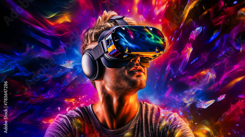 Future digital technology metaverse game and entertainment  A man having fun play VR virtual reality goggle  sport game 3D cyber space futuristic neon colorful background