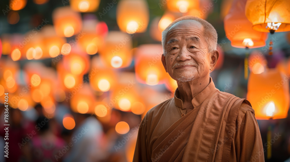 Fototapeta premium A man wearing a brown robe stands in front of a crowd of people