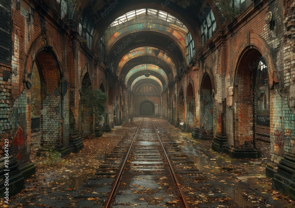 AI-generated illustration of an abandoned train station interior with multiple arches