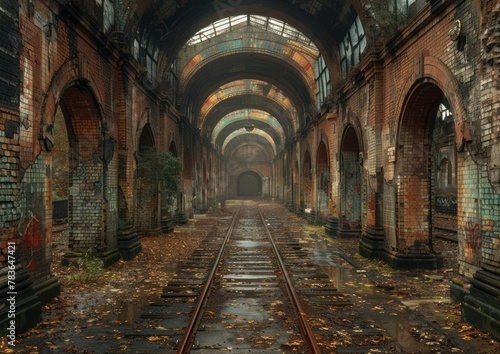 AI-generated illustration of an abandoned train station interior with multiple arches