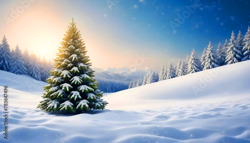 Christmas tree in snowy landscape holiday card concept 4