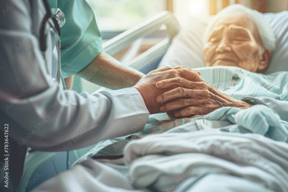 Obraz premium Doctor Offering Comfort and Presence by Holding Hands with Elderly Patient on Hospital Bed, Symbolizing Compassion and Support.