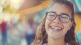 the girl with the braces and glasses smiles on a bright day