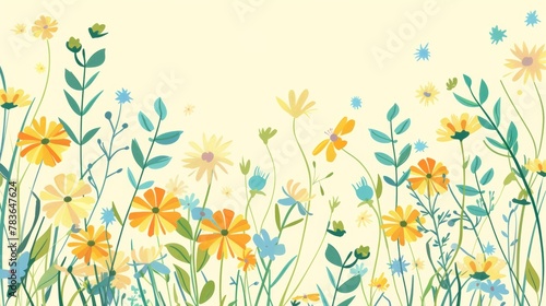 Colorful flowers on a light yellow background - yellow and green tones - card background - spring design elements  © Suradet Rakha