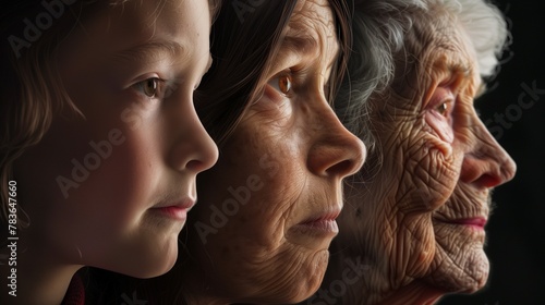 AI generated illustration of generations of women: elderly, young and middle-aged, standing together © Wirestock