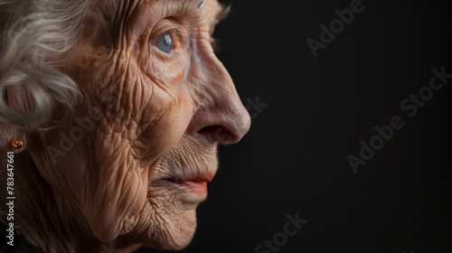 an old lady with a white hair wearing a hat and black dress