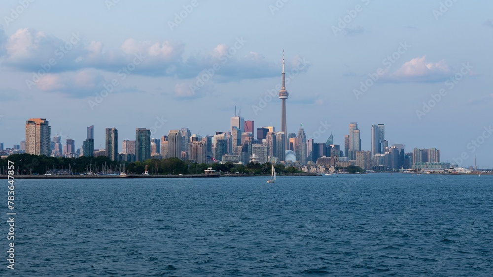 Aerial view of cityscape Toronto surrounded by buildings and water