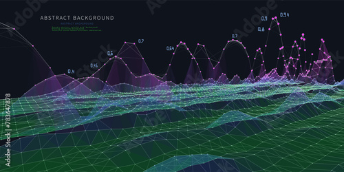 Abstract  background wavy color graph  in net from circles and lines on dark. Technology wireframe concept data in virtual space. Banner for business, science and technology data analytics. Big Data.