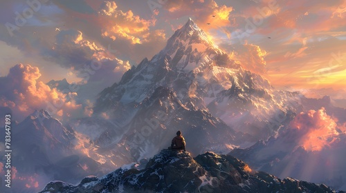 a man sits on top of a mountain with a sunset