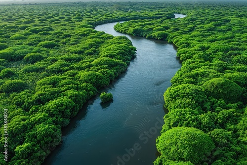 From above, the winding river unveils the rainforest's hidden wonders and mysteries. Aerial view of a winding river in a rainforest.