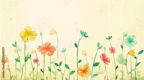 Colorful flowers on a light yellow background - yellow and green tones - card background - spring design elements  © Suradet Rakha