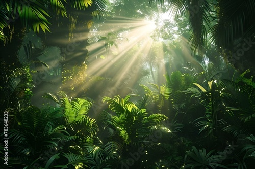 Sunlight filters through the lush tropical rainforest canopy, AI-generated.