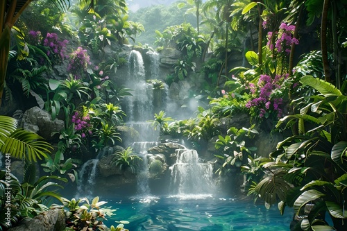 Lush foliage surrounds a jungle waterfall with cascading water  AI-generated.