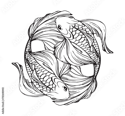 Pisces zodiac sign, boho line tattoo, two beautiful fishes in a circle. Vector engraving stylization, horoscope element water, hand drawn illustration isolated on white background.