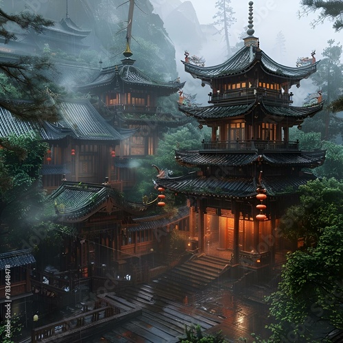 AI-generated illustration of Asian-style temples after the rain