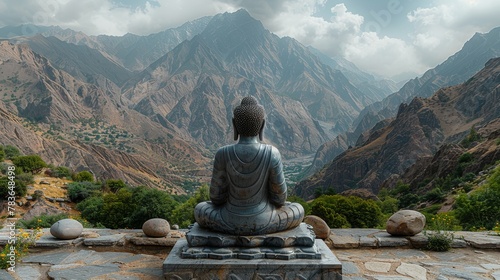 A Stunning Buddha Statue Set against the Majestic Himalayan Mountains, Capturing the Serenity and Awe-inspiring Beauty of the Sacred Site.