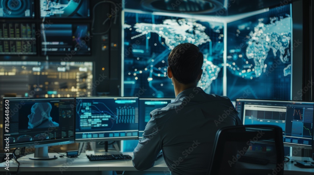 Fototapeta premium Cyber Security Programming - Expert Coding at Work - Global Network Protection - Programmers