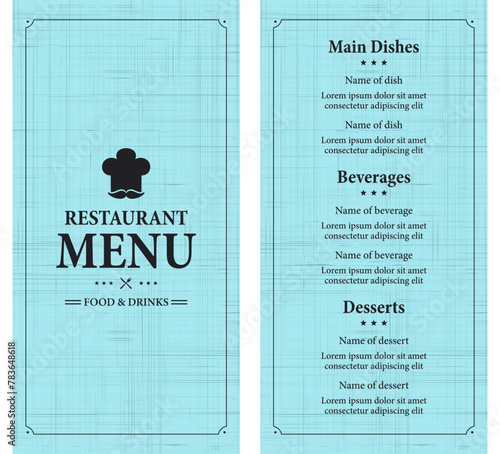 Restaurant menu, food and drinks. Card menu on a retro design style