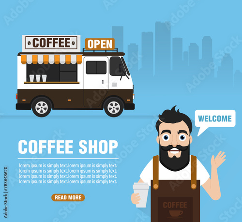 Coffee on wheels. Coffee shop design flat style
