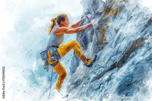 Yellow watercolor painting of female professional rock climber, practice