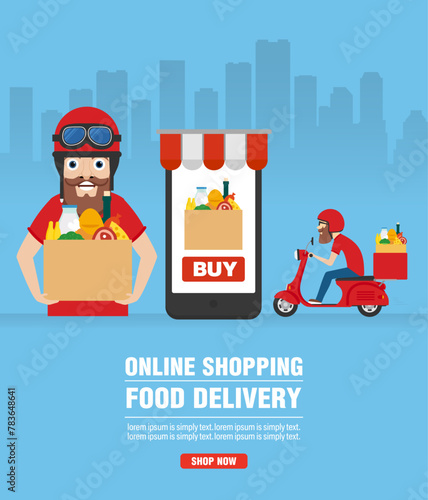Online shopping. Food delivery concept design flat