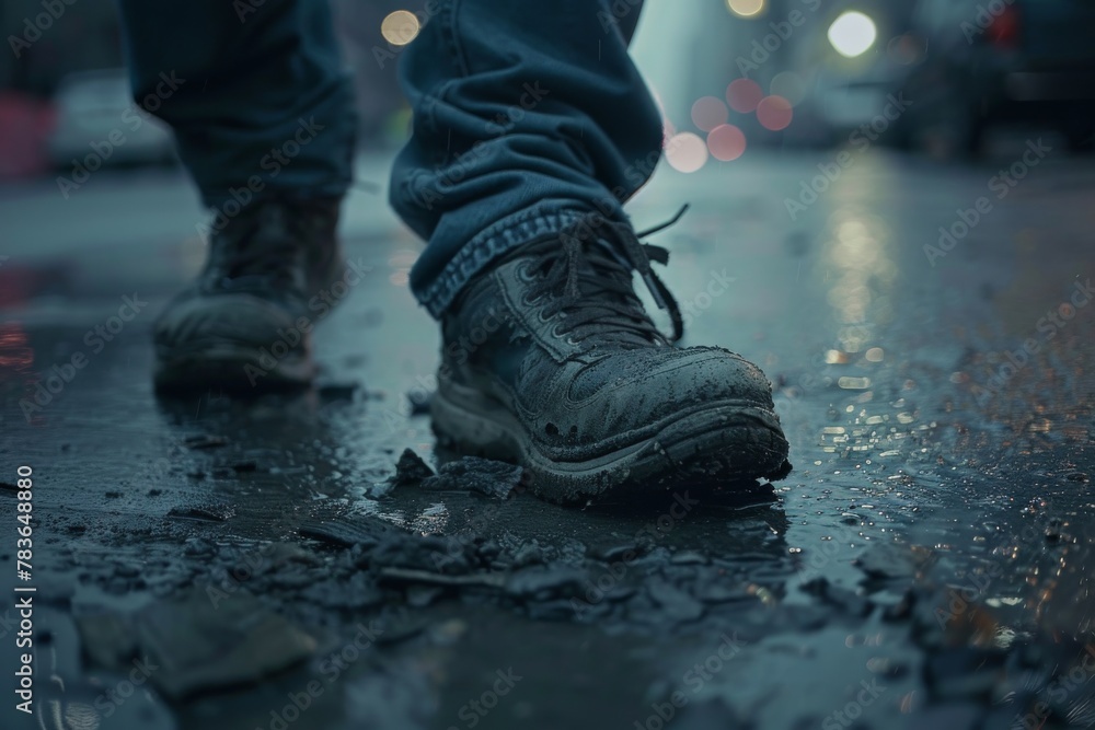 Detail of Tattered Shoes Worn by a Homeless Person Walking the City Streets, Reflecting the Harsh Realities of Survival in Urban Chaos. Detail of Tattered Shoes Worn by a Homeless Person Walking the City Streets, Reflecting the Harsh Realities of Survival in Urban Chaos.