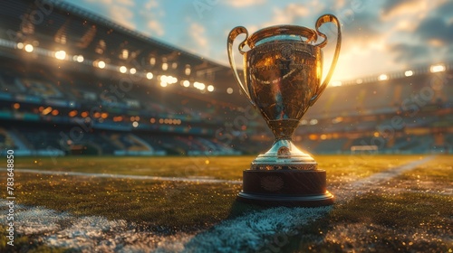 Dramatic Cinematic Shot of Champion Trophy on Pedestal in Empty Stadium, Spotlight Enhancing Anticipation Mood, Typography Space in Sky, Concept of Achievement and Success.