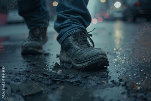 Detail of Tattered Shoes Worn by a Homeless Person Walking the City Streets, Reflecting the Harsh Realities of Survival in Urban Chaos. photo