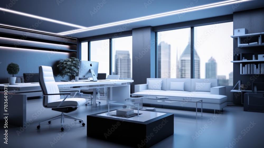 Modern office interior featuring sleek furniture and city skyline views in a high-rise building during daylight Modern office interior featuring sleek furniture and city skyline views in a high-rise building during daylight