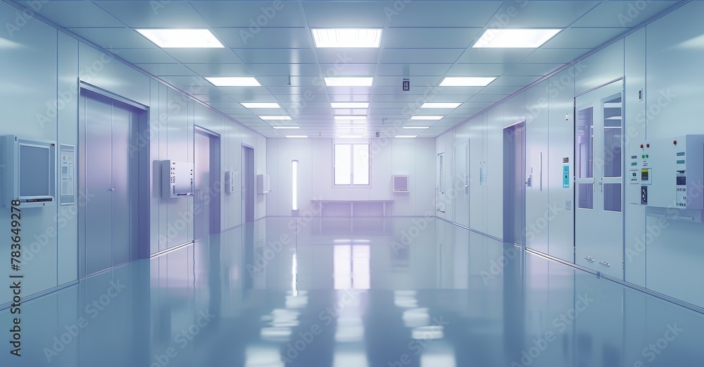 A futuristic, sterile environment within a bright hospital corridor featuring modern design elements and polished floors during daytime illumination A futuristic, sterile environment within a bright hospital corridor featuring modern design elements and polished floors during daytime illumination