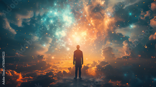 Person standing in front of a cosmic explosion of clouds and light. Surreal digital art landscape for wallpaper and science fiction concept photo