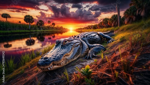 AI generated illustration of a big alligator basking on a riverbank during sunset