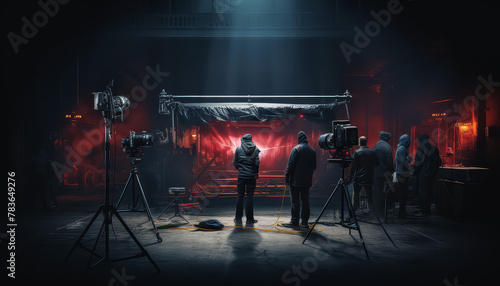 A group of people are standing in a dark room with a red background photo
