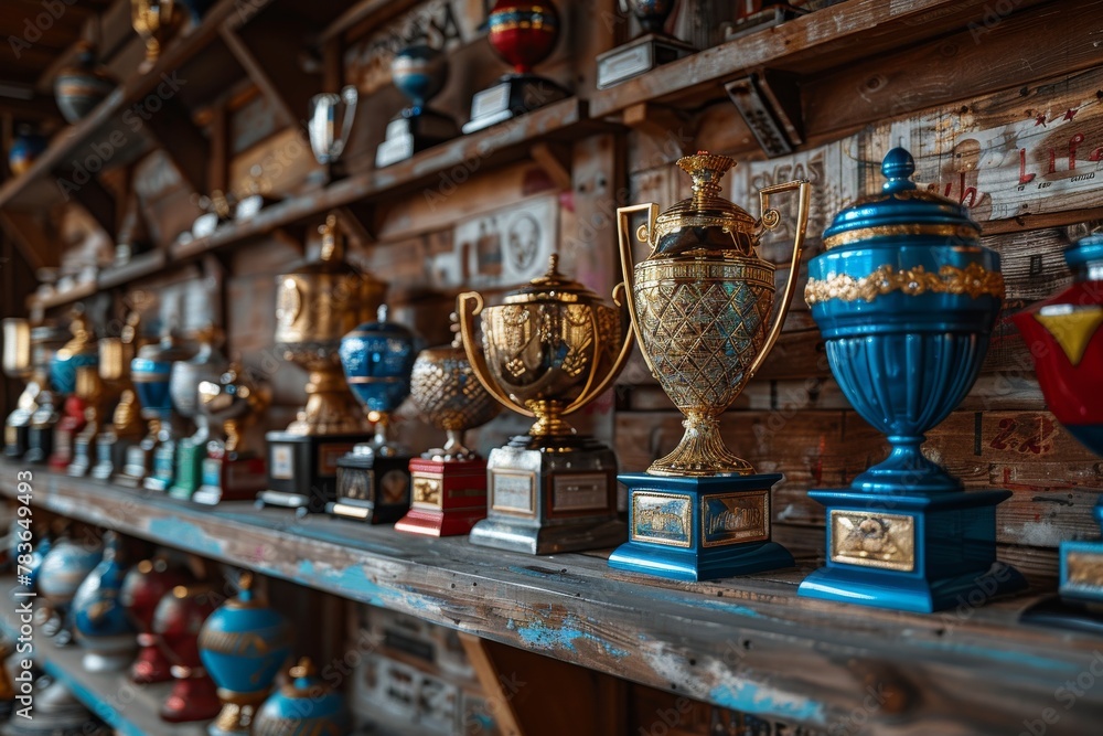 Fototapeta premium Shelf Display of Vintage Champion Trophies, Evoking Nostalgia with Soft Lighting and Space for Text, Ideal for Editorial Use.