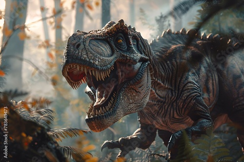 a tyrannosauruse attacking a dinosaur in a forest