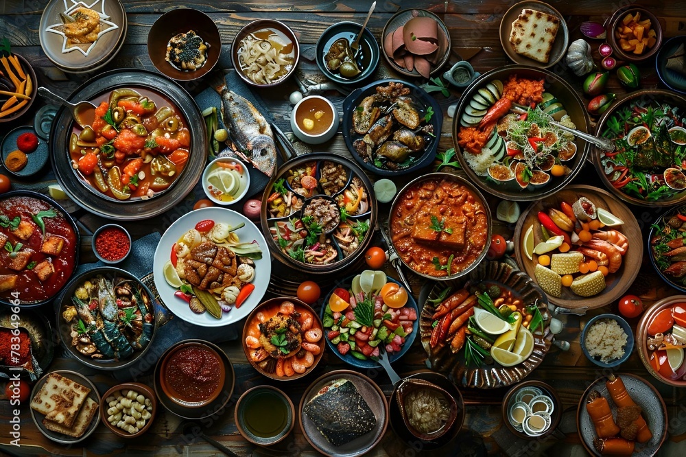 a large table filled with lots of different food dishes and spoons